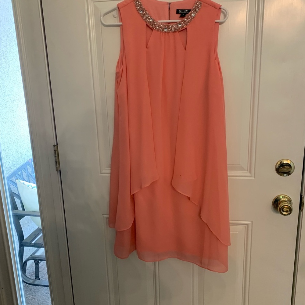 SLNY Pink Asymmetrical Tiered Halter Mini Dress